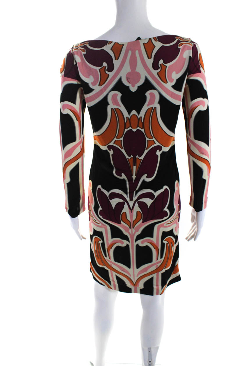 Gucci Womens Black Multi Printed Boat Neck Long Sleeve Shift Dress