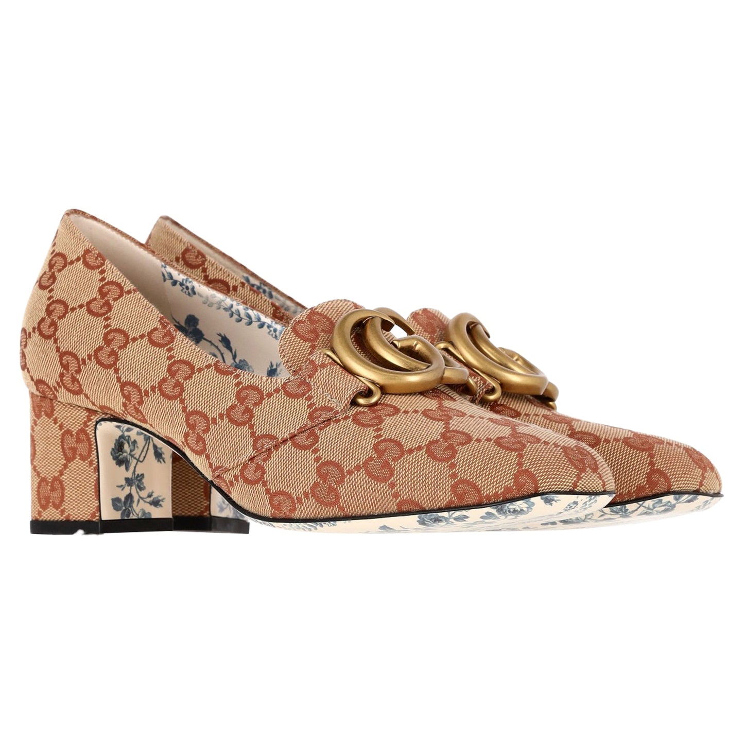 Gucci GG Victoire GG Marmont Block Heel Pumps in Beige Canvas