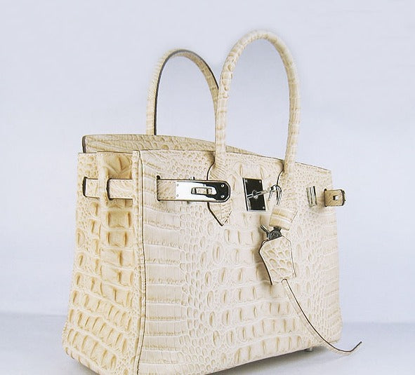 Luxury Hermes Birkin 30cm Crocodile Head Vein Handbags Beige Silver