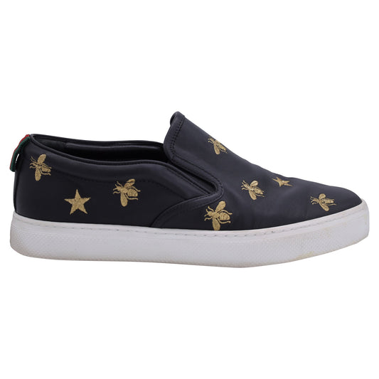 Luxury Gucci Trending 2025 Men's Dublin Bee Embroidered Leather Slip-On Sneakers in Black Leather