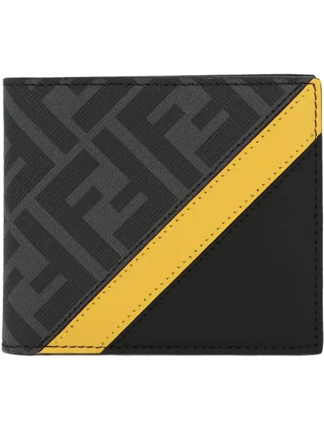 Luxury Fendi FF Pattern Leather Half Wallet Black Yellow