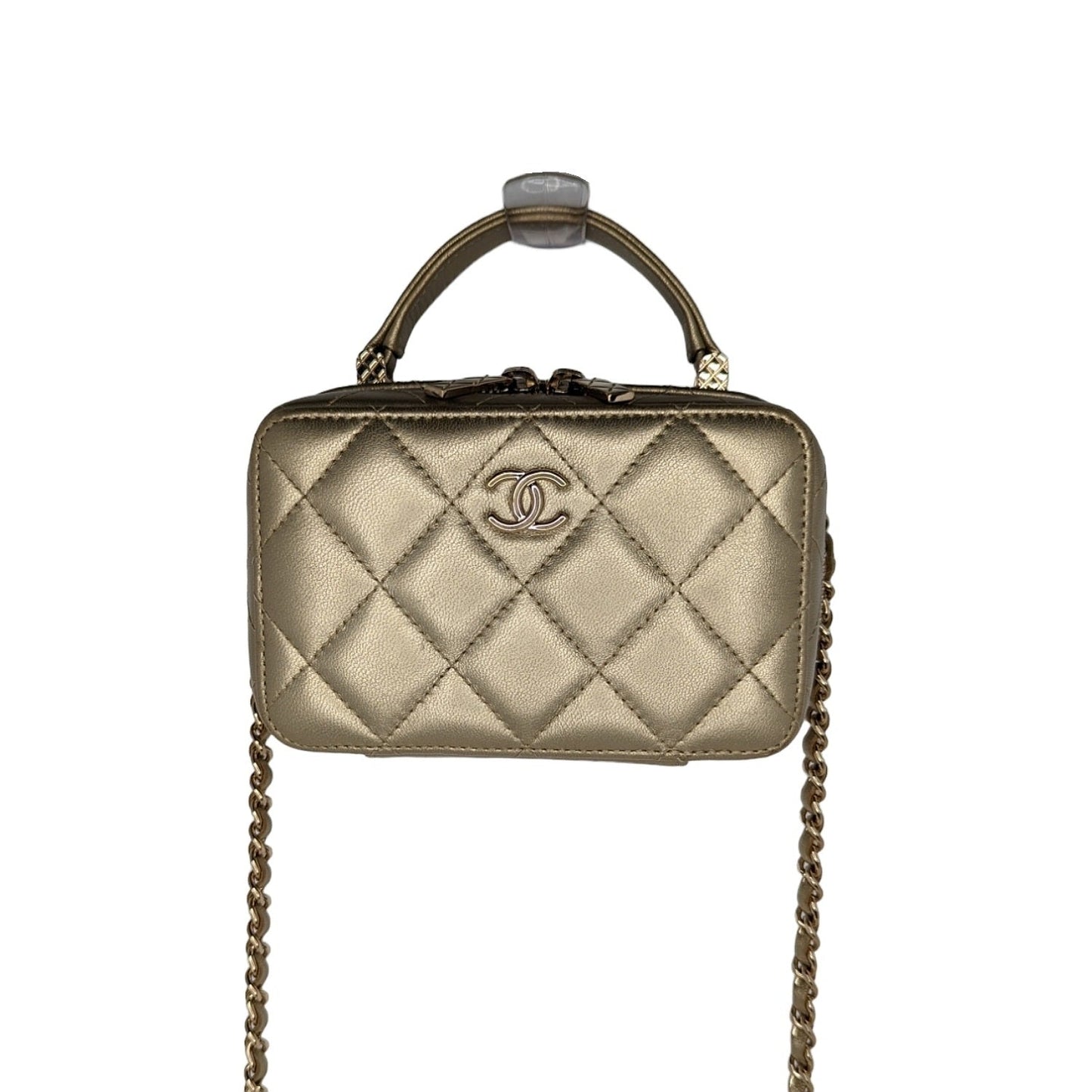 Luxury Chanel bag Metallic Lambskin Quilted Top Handle Vanity Case Gold