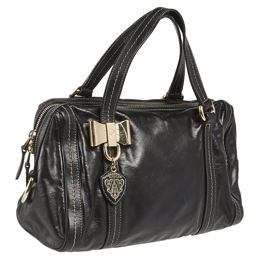 Luxury Gucci Trending 2025 Black Leather Duchessa Boston Bag..