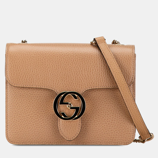Luxury Gucci Trending 2025 Light Brown Tone Leather Small Dollar Interlocking G Crossbody Bag