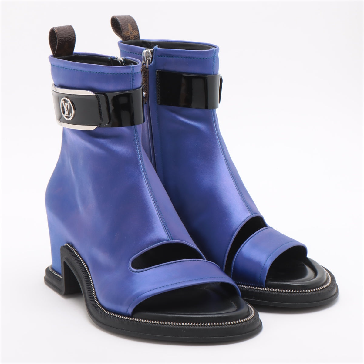 Louis Vuitton Moonlight Line 22 Years Saten x Leather Short Boots 38  Blue x Black NL0212