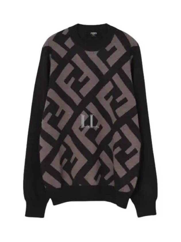 Luxury Fendi Monogram Jacquard Wool Crewneck Knit Top Brown