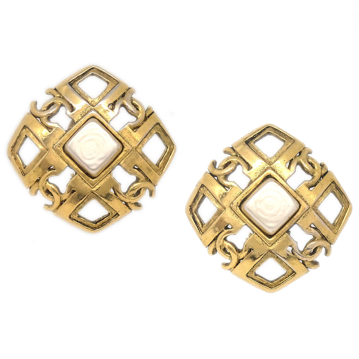 Luxury Chanel 1993 Diamond Faux Pearl Earrings Clip-On Gold 23