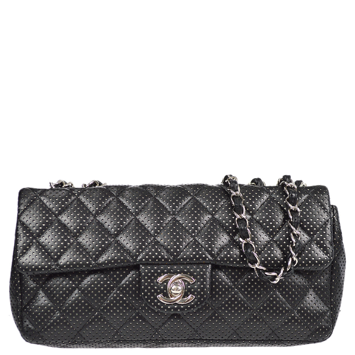 Luxury Chanel Black Perforated Lambskin East West Shoulder Bag