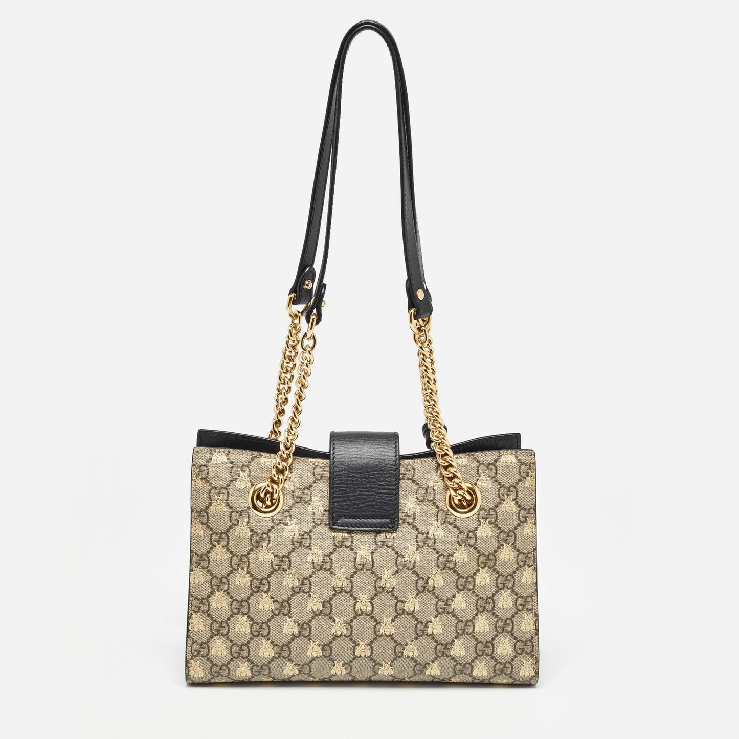 Luxury Gucci Trending 2025 Black/beige Gg Supreme Canvas And Leather Small Padlock Bee Tote