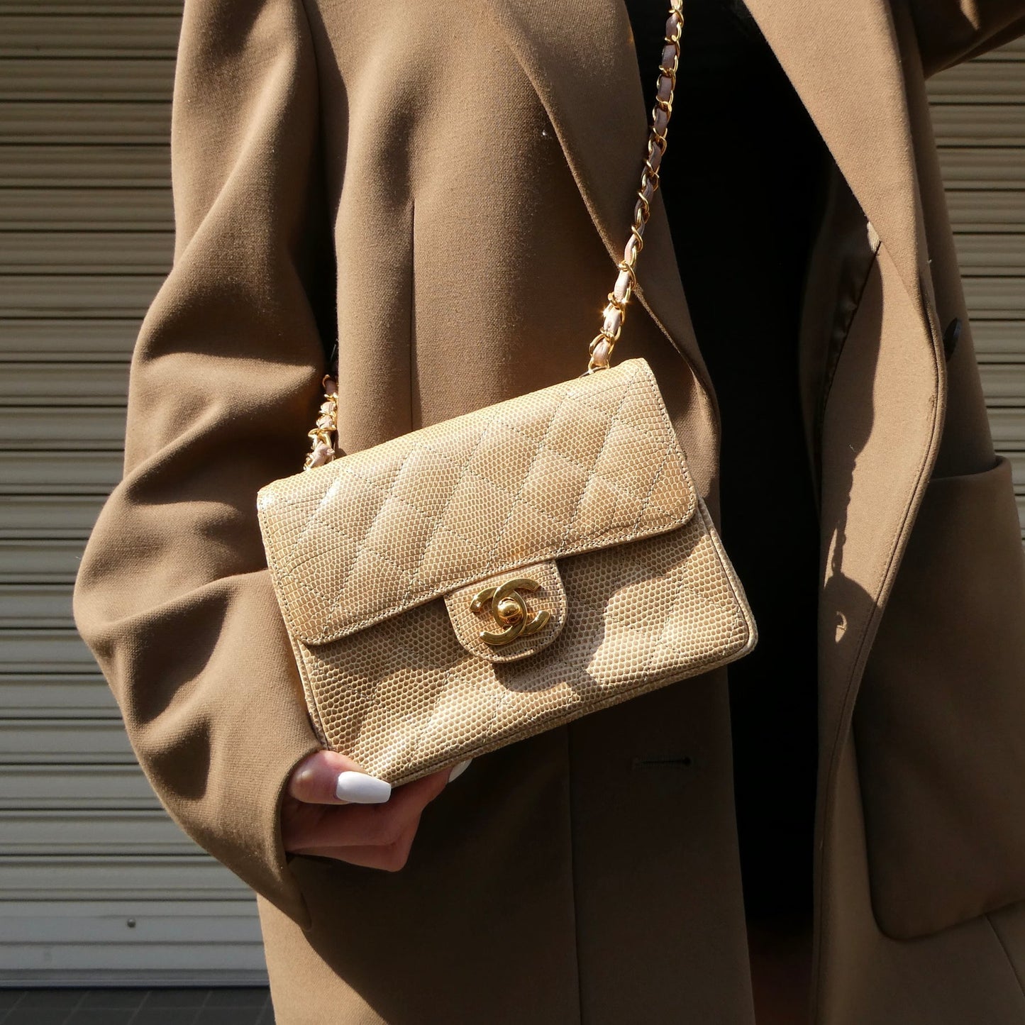Luxury Chanel * 1991-1994 Classic Square Flap Mini Beige Lizard