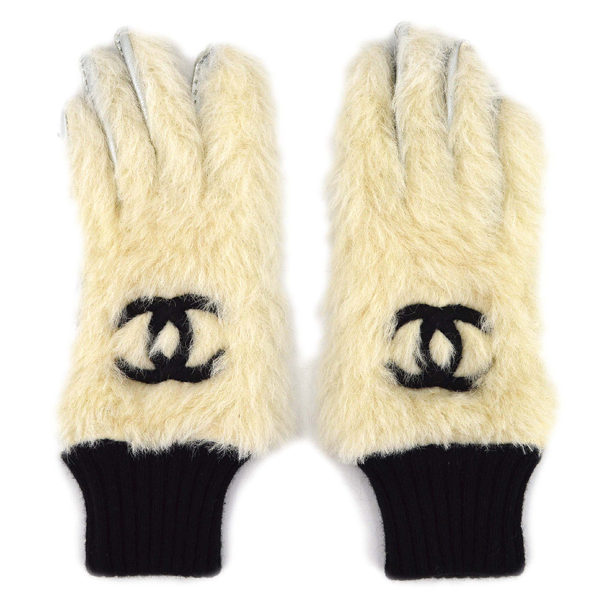 Chanel Fur Gloves White #6 Small New