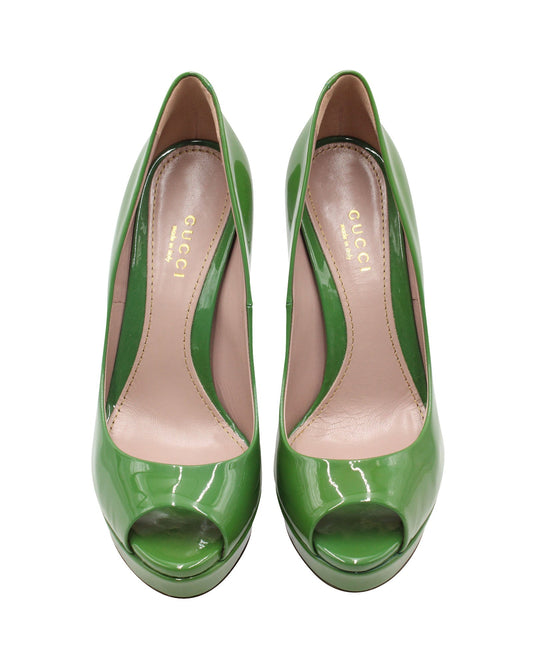 Luxury Gucci Trending 2025 Peep-Toe High Heel Pumps in Green Patent Leather