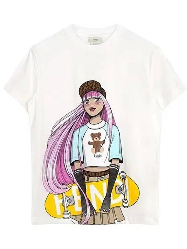 Luxury Fendi Kids Girls Skateboarder Print Short Sleeve T-Shirt White