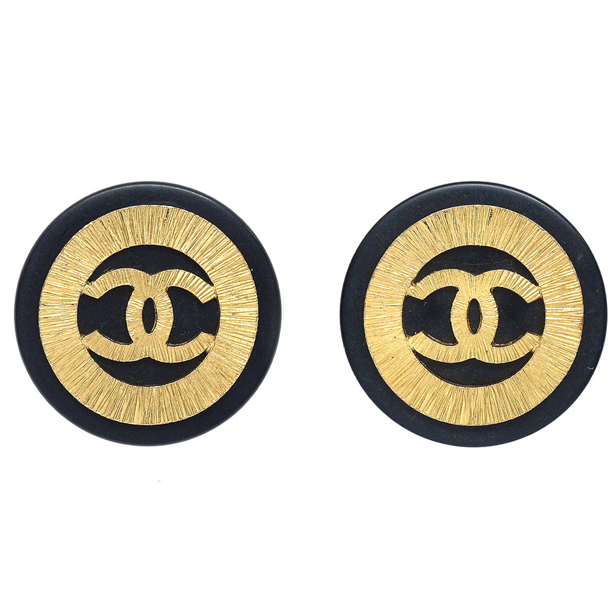 Luxury Chanel 1993 Black & Gold Button Earrings Clip-On 28