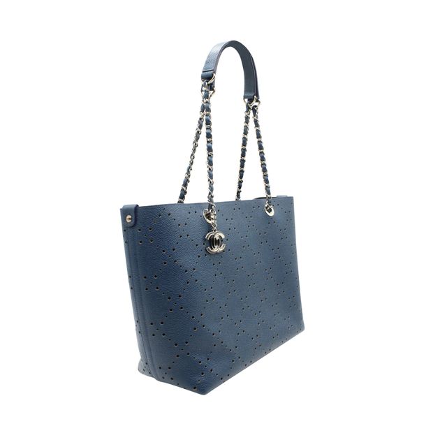 Luxury Chanel Blue Perforated Large Shopping Tote-Grained Calfskin Caviar Leather - Pouch
