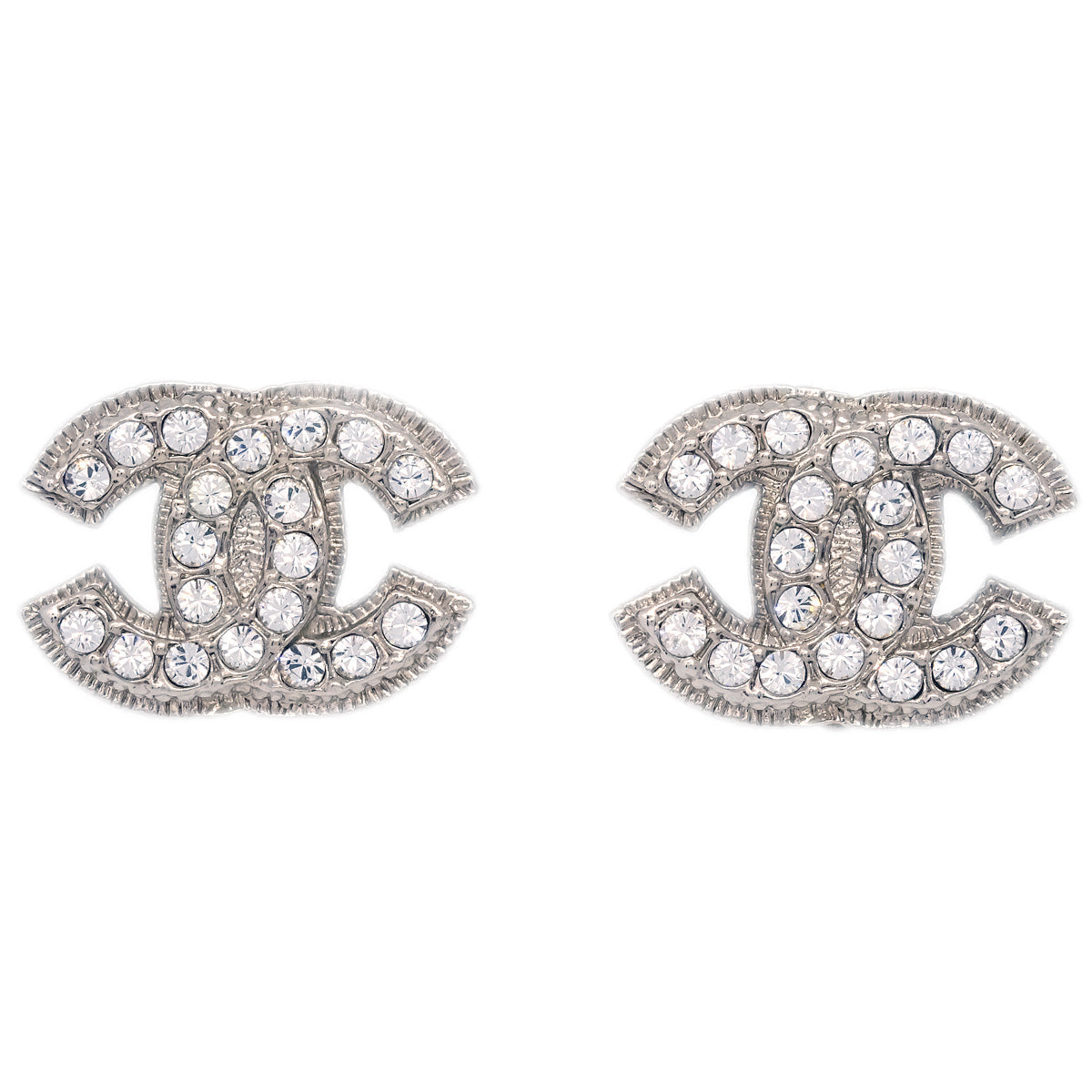 Chanel CC Rhinestone Earrings Clip-On Silver A12V