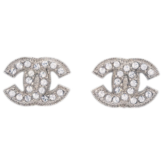 Chanel CC Rhinestone Earrings Clip-On Silver A12V