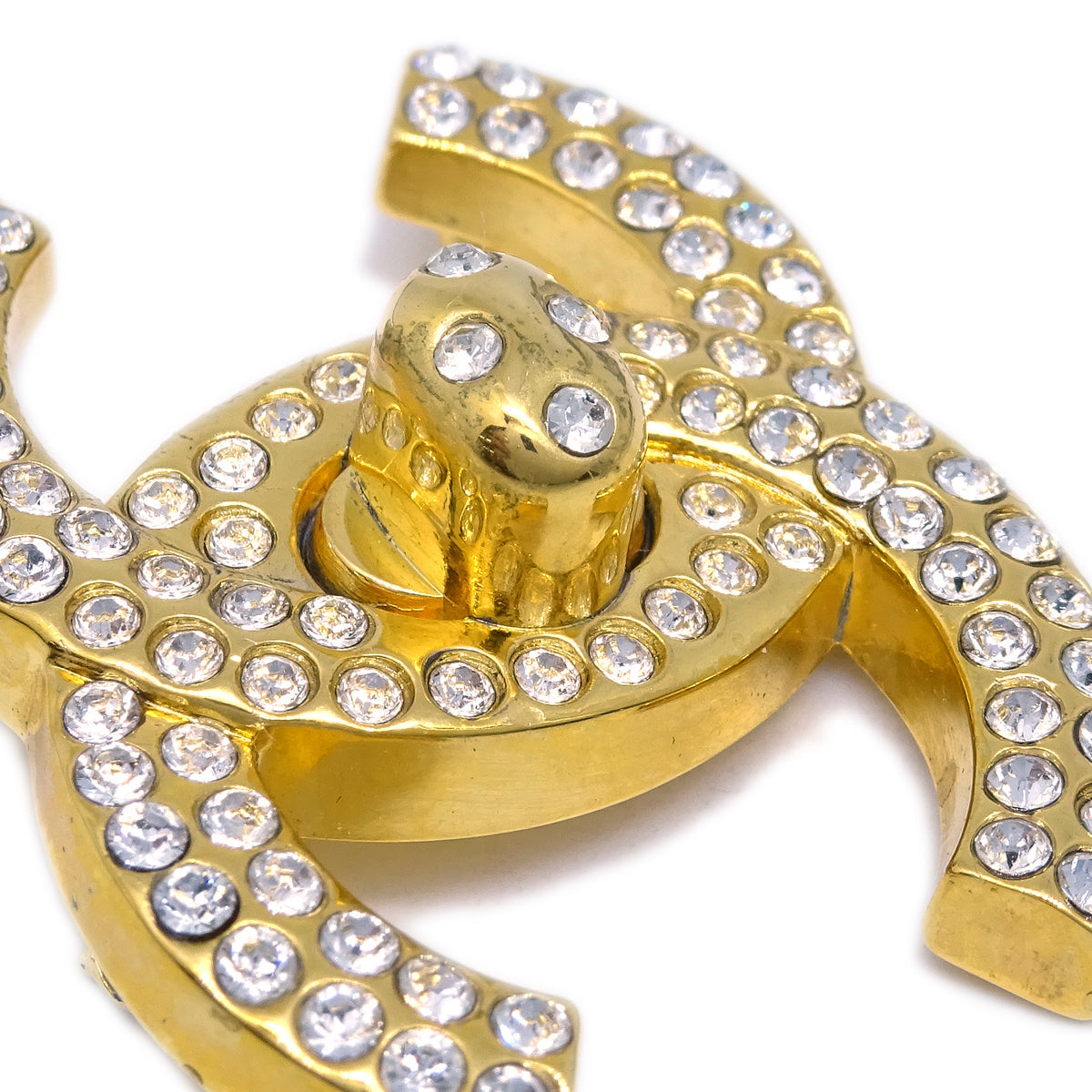 Chanel 1997 Crystal & Gold CC Turnlock Brooch Large