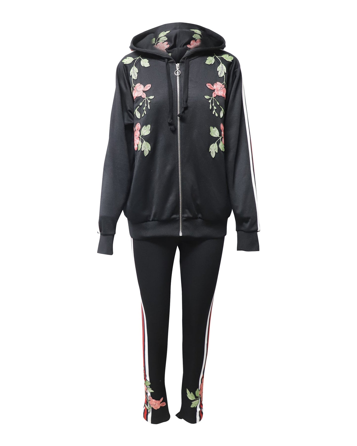 Luxury Gucci Trending 2025 Floral Embroidered Tracksuit in Black Polyester