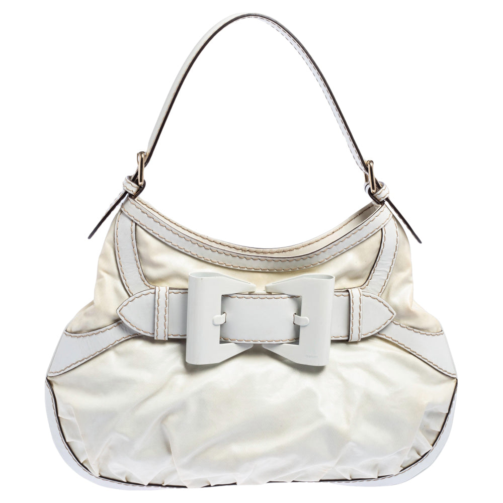 Luxury Gucci Trending 2025 White Coated Canvas and Leather Medium Queen Hobo