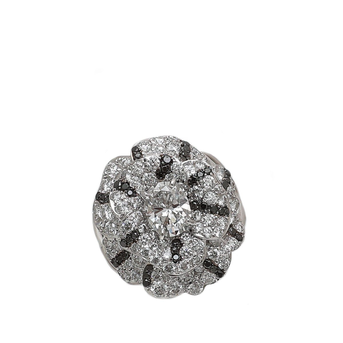 Chanel 18K White Gold Camellia Oval Solitaire W- White & Black Diamond Ring 51