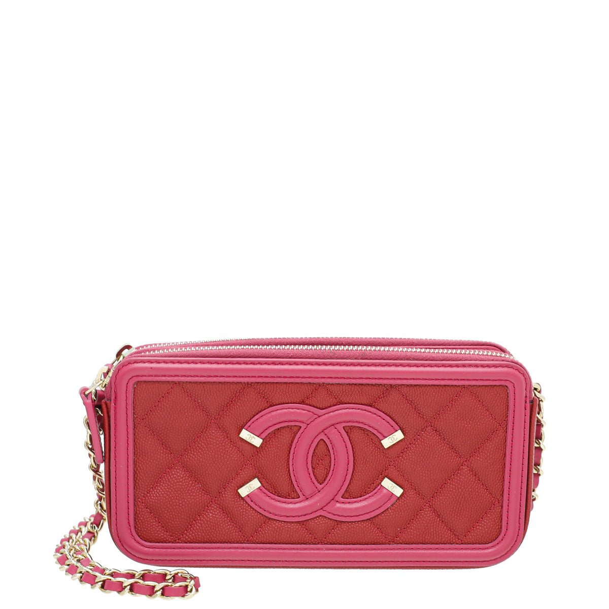 Chanel Bicolor CC Filigree Caviar Double Zip Clutch Chain