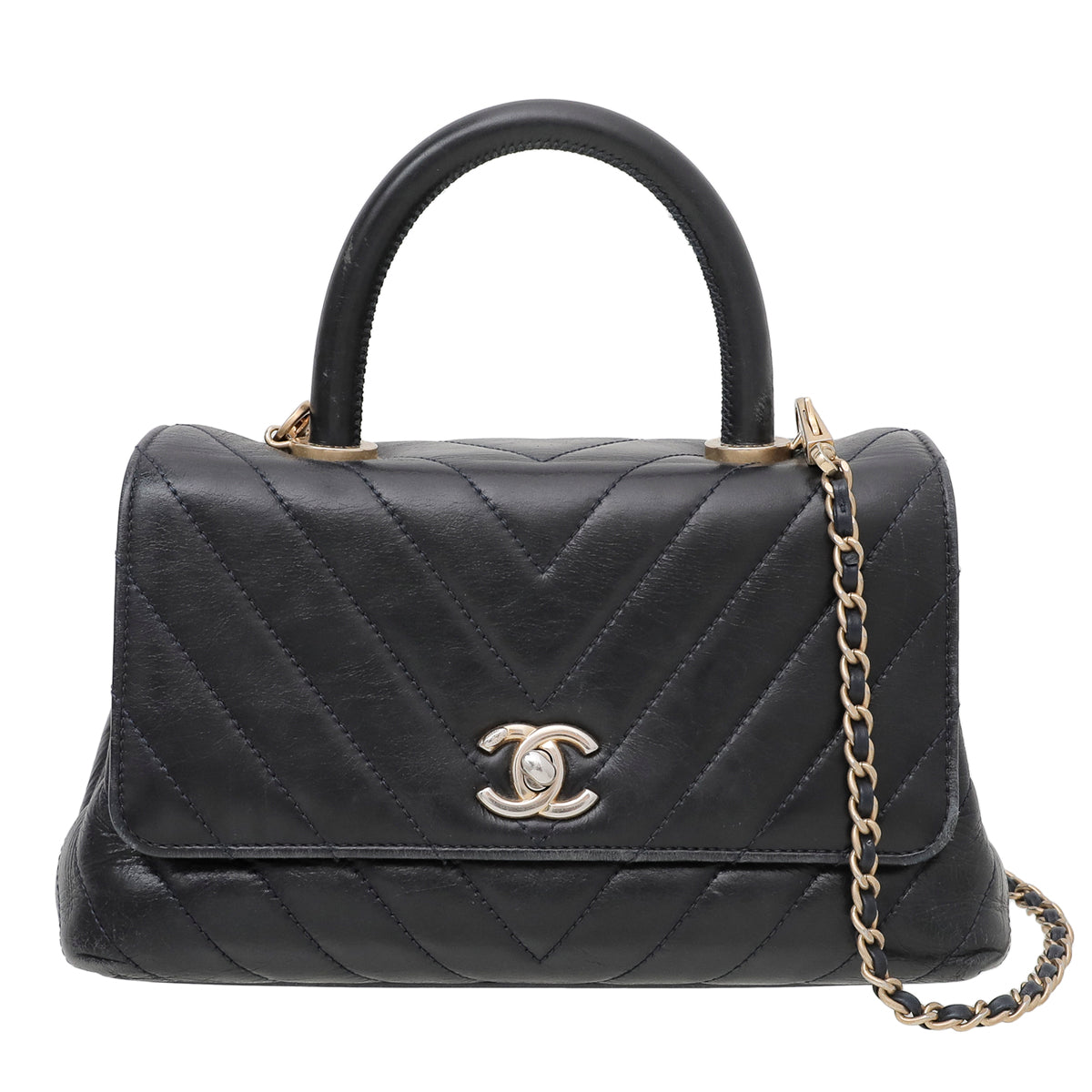 Chanel Navy Blue CC Chevron Coco Handle Mini Bag