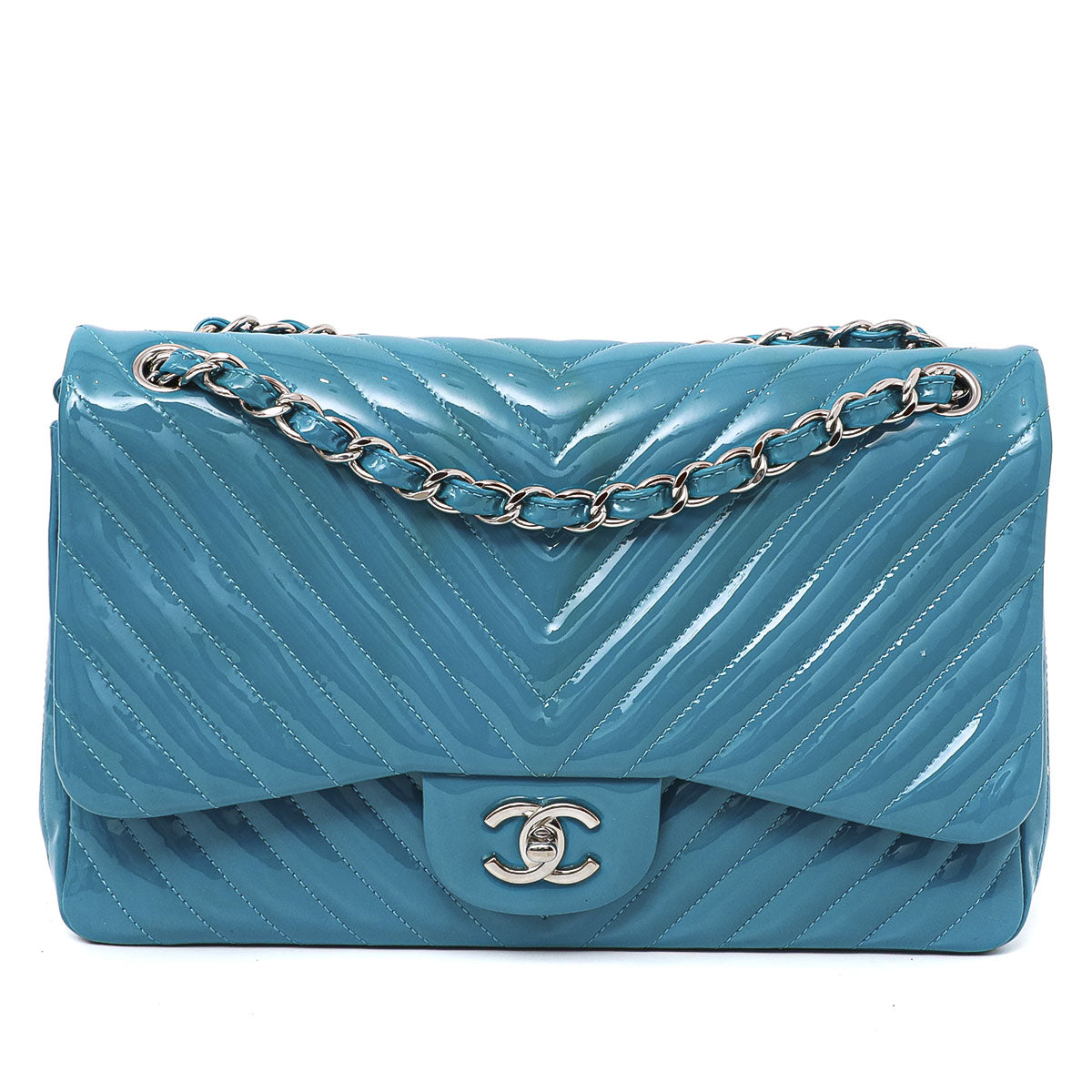 Chanel Sea Green Chevron Jumbo Double Flap