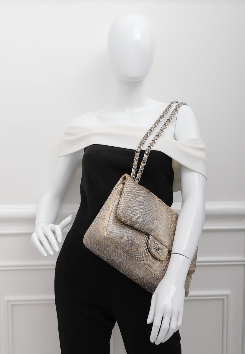 Chanel Metallic Beige Ombre Python Classic Flap Bag Jumbo