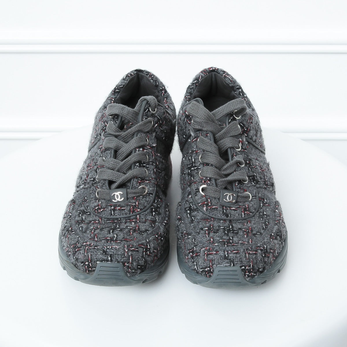 Chanel Grey -Red Tweed Sneakers 39