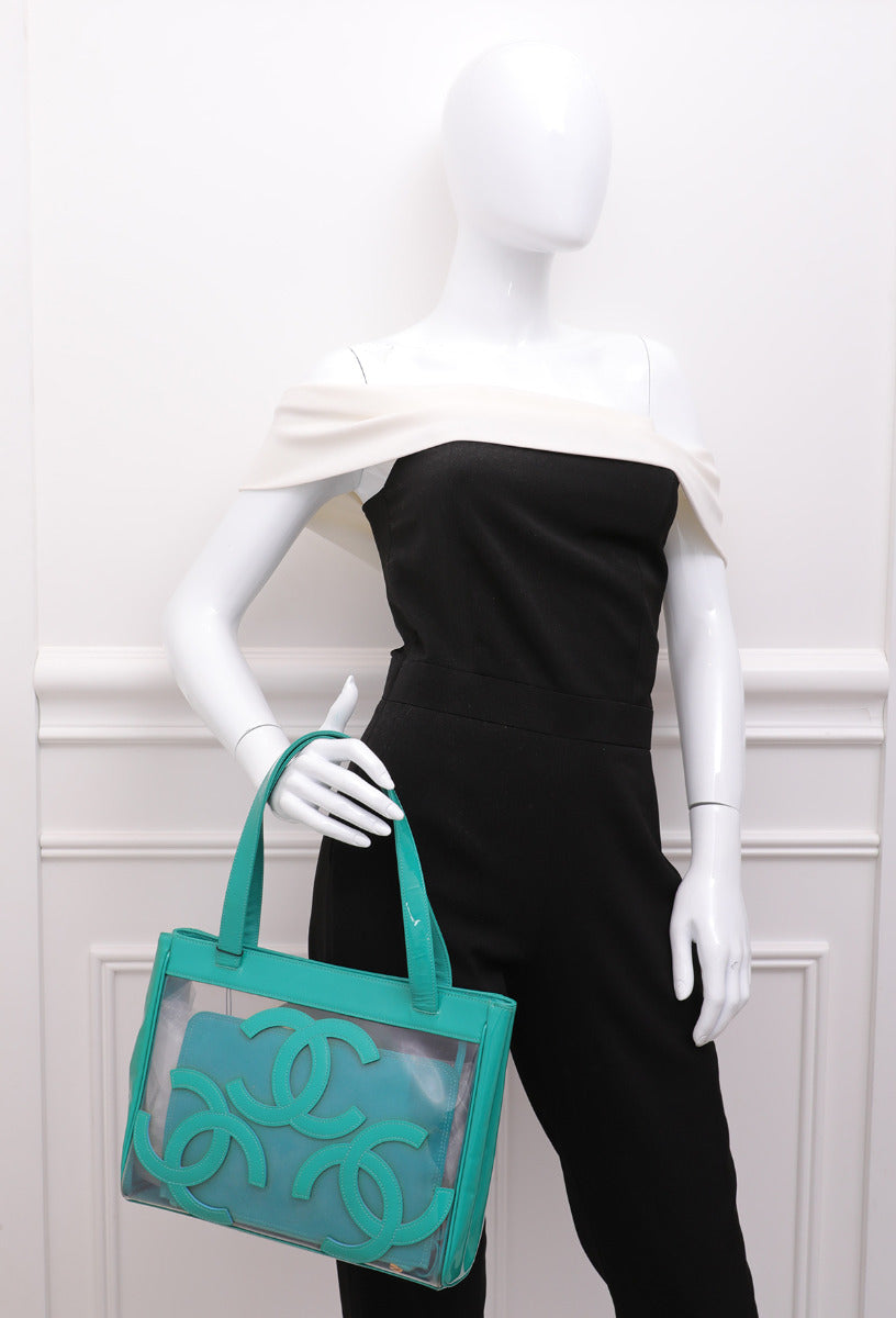 Chanel Green Vinyl CC Logo Beach Tote Bag