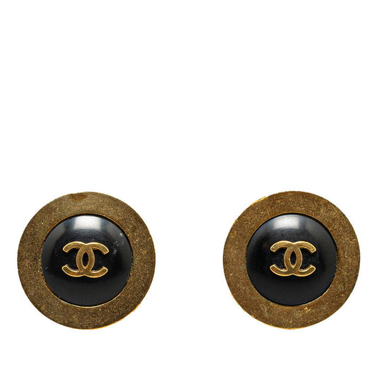 Chanel Vintage Coco Mark Button Motif Earrings Black Gold