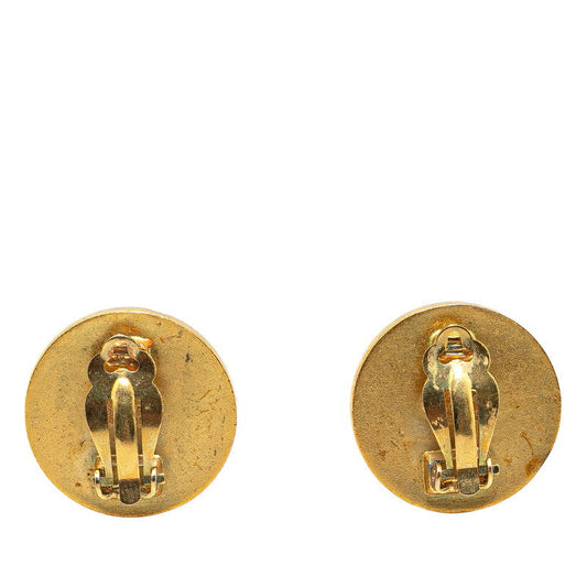 Chanel Vintage Coco Mark Button Motif Earrings Black Gold
