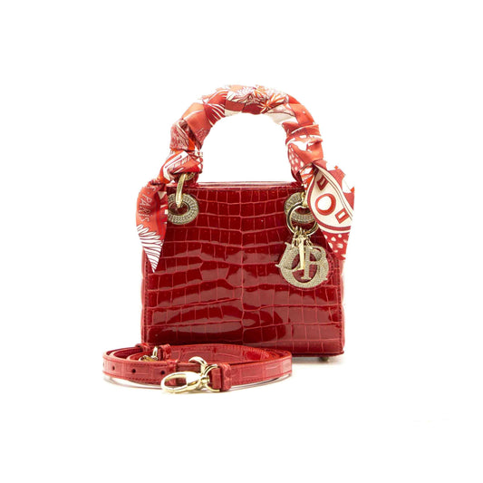 Luxury Dior Red Crocodile Mini Crystal Studded Lady Luxury Dior Tote With Silk Scarf