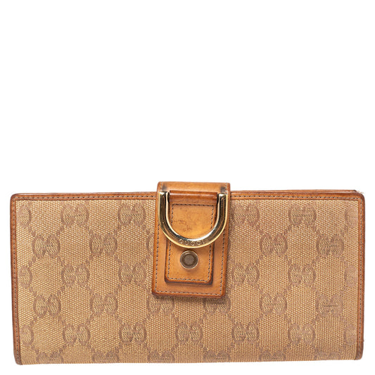 Luxury Gucci Trending 2025 Metallic Beige GG Canvas and Leather D Ring Continental Wallet