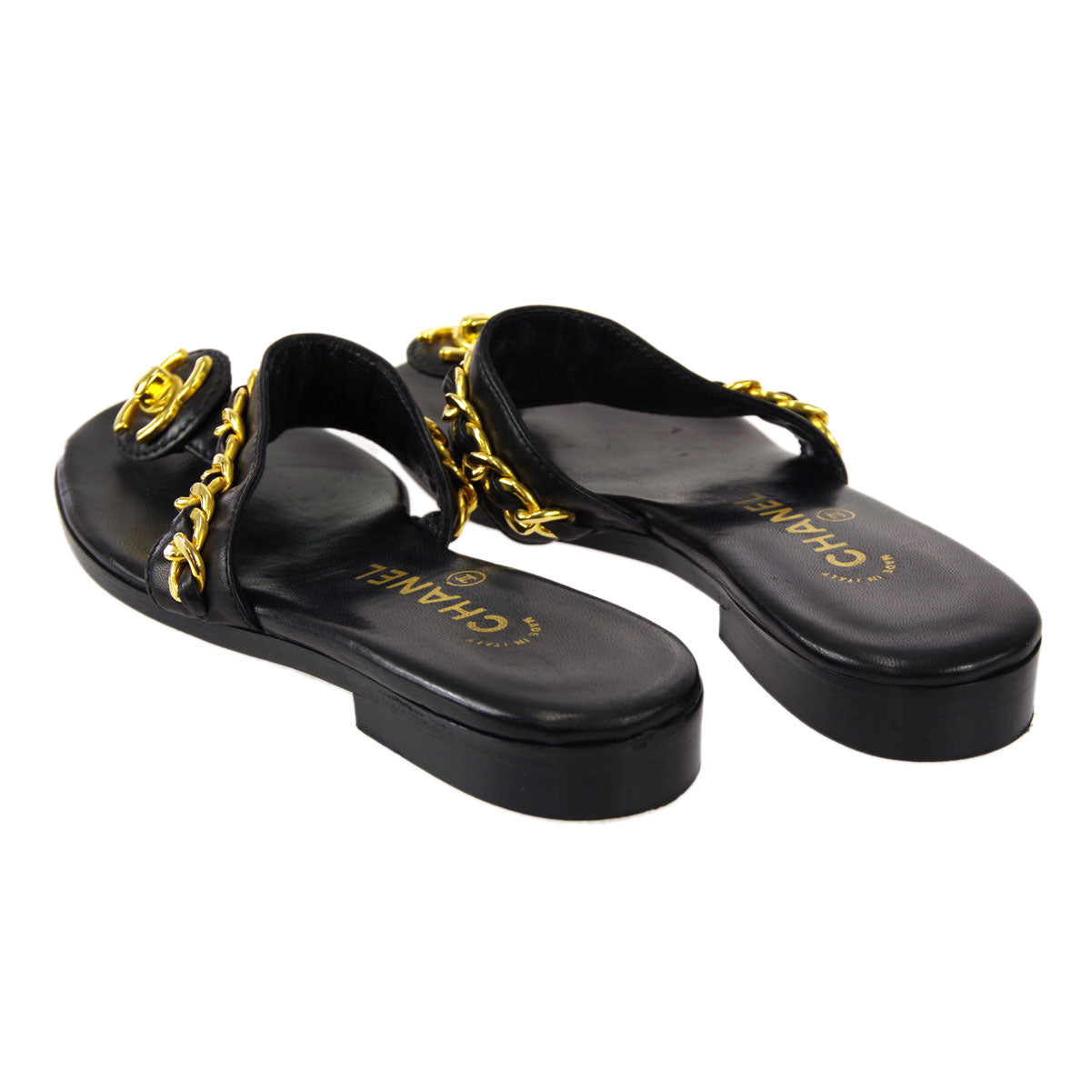 Luxury Chanel * Black Lambskin Turnlock Sandals Shoes #39