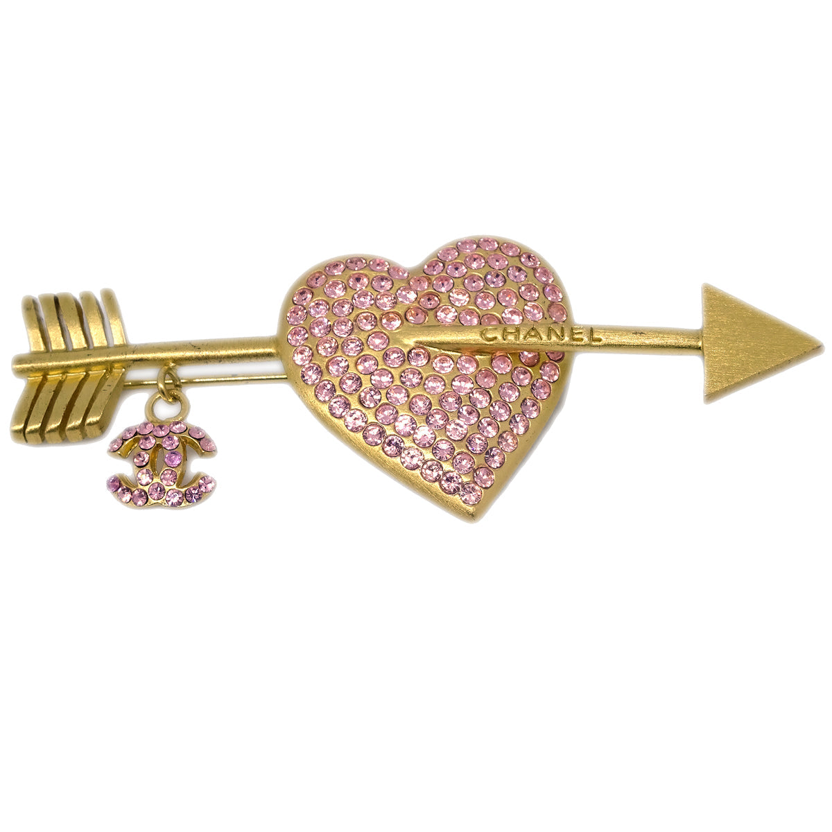 Chanel Gold Bow And Arrow Heart Brooch Pin Rhinestone 02P
