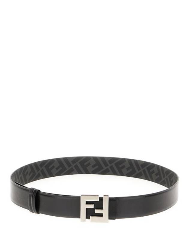 Luxury Fendi FF Square Buckle Reversible Leather Canvas Belt Black