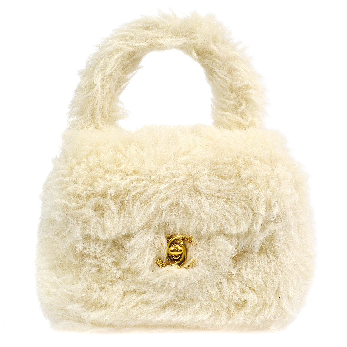 Luxury Chanel * 1994 Classic Flap Handbag Mini White Fur