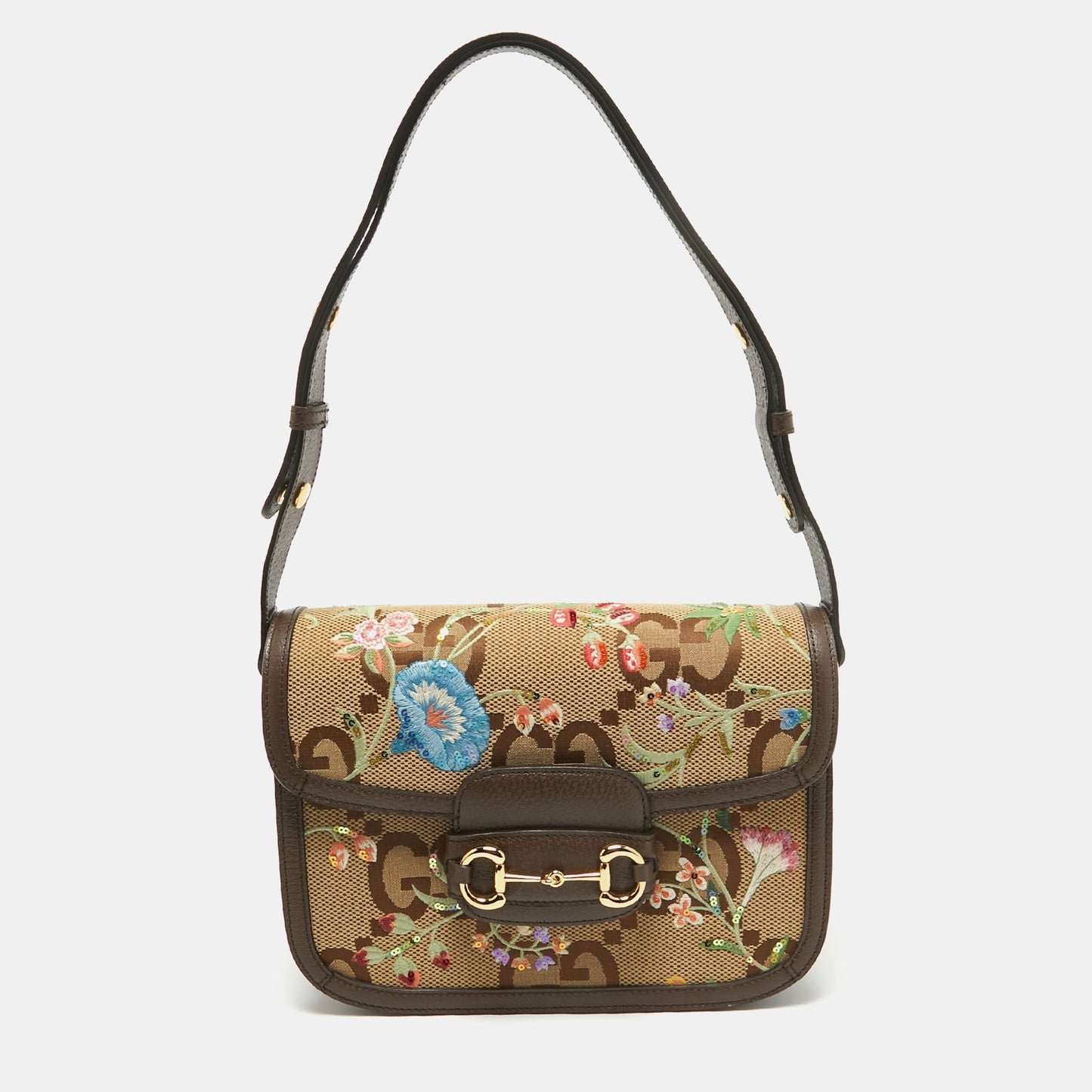 Luxury Gucci Trending 2025 Beige/Ebony Jumbo GG Canvas and Leather Floral Embroidered Small 1955 Horsebit Shoulder Bag