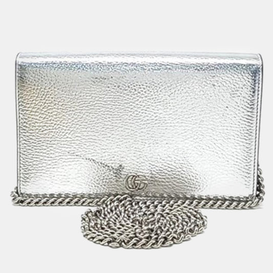 Luxury Gucci Trending 2025 Silver Leather GG Marmont Mini Crossbody Bag