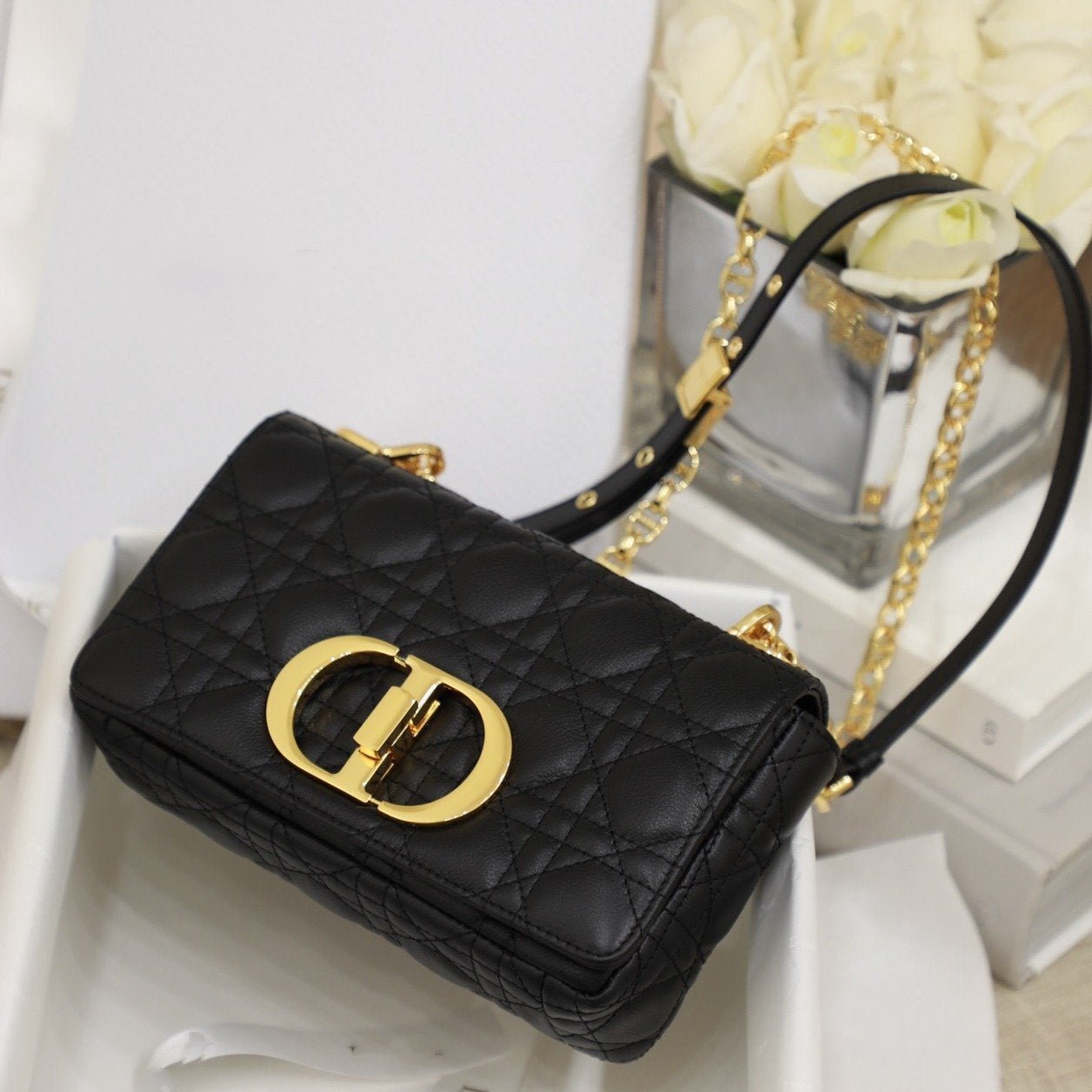 Luxury DiorSMALL CARO BAG BALCK SUPPLE CANNAGE CALFSKIN