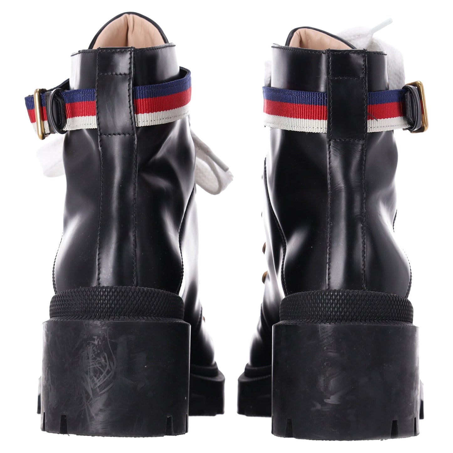 Gucci Sylvie Web Lace-Up Biker Ankle Boots in Black Calf Leather