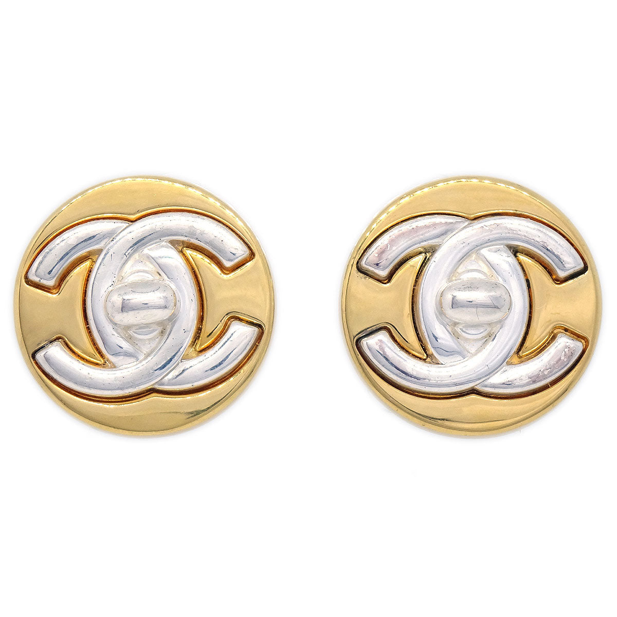 Luxury Chanel 1997 Silver & Gold CC Turnlock Earrings Large