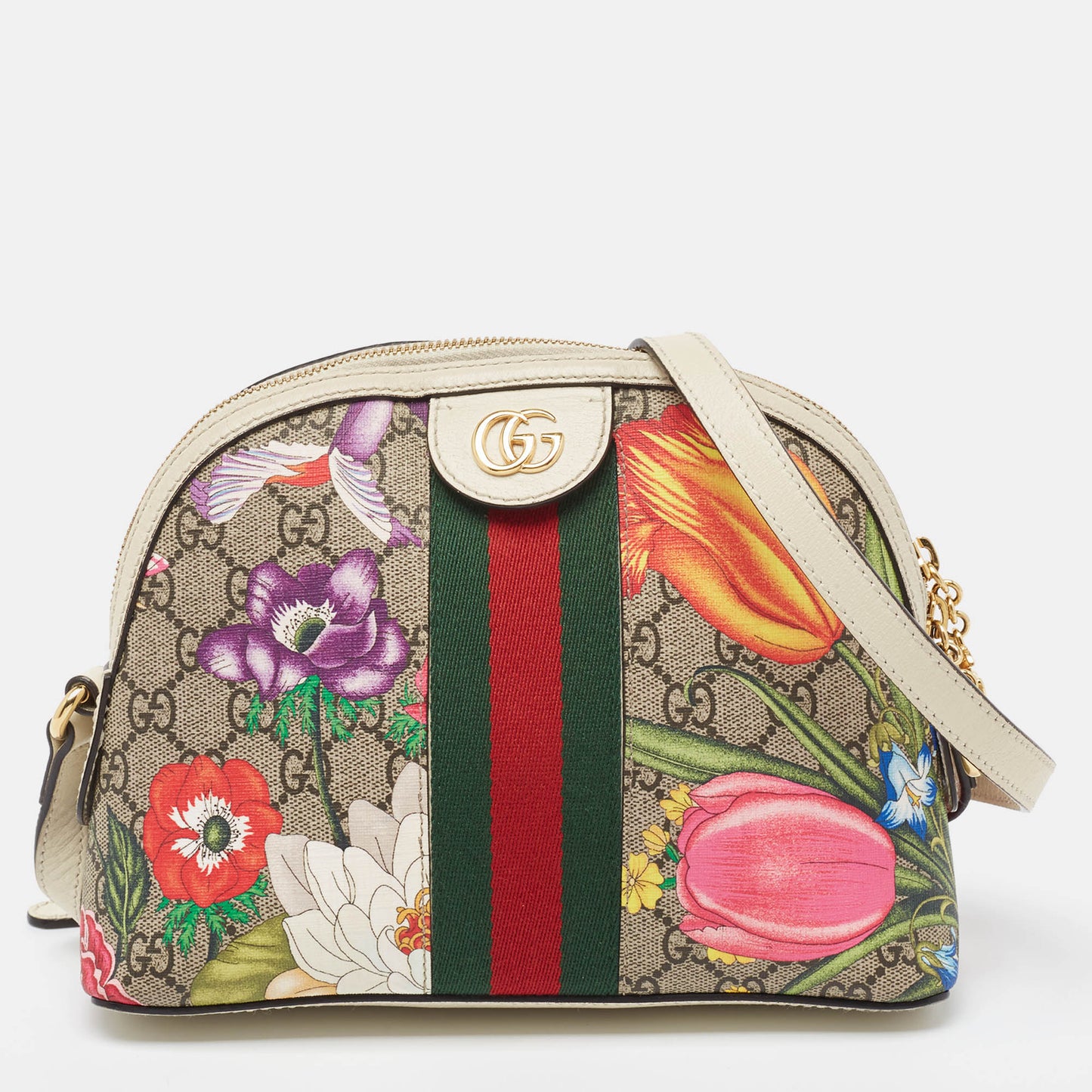 Luxury Gucci Trending 2025 Off White/Beige GG Supreme Canvas Small Floral Ophidia Shoulder Bag