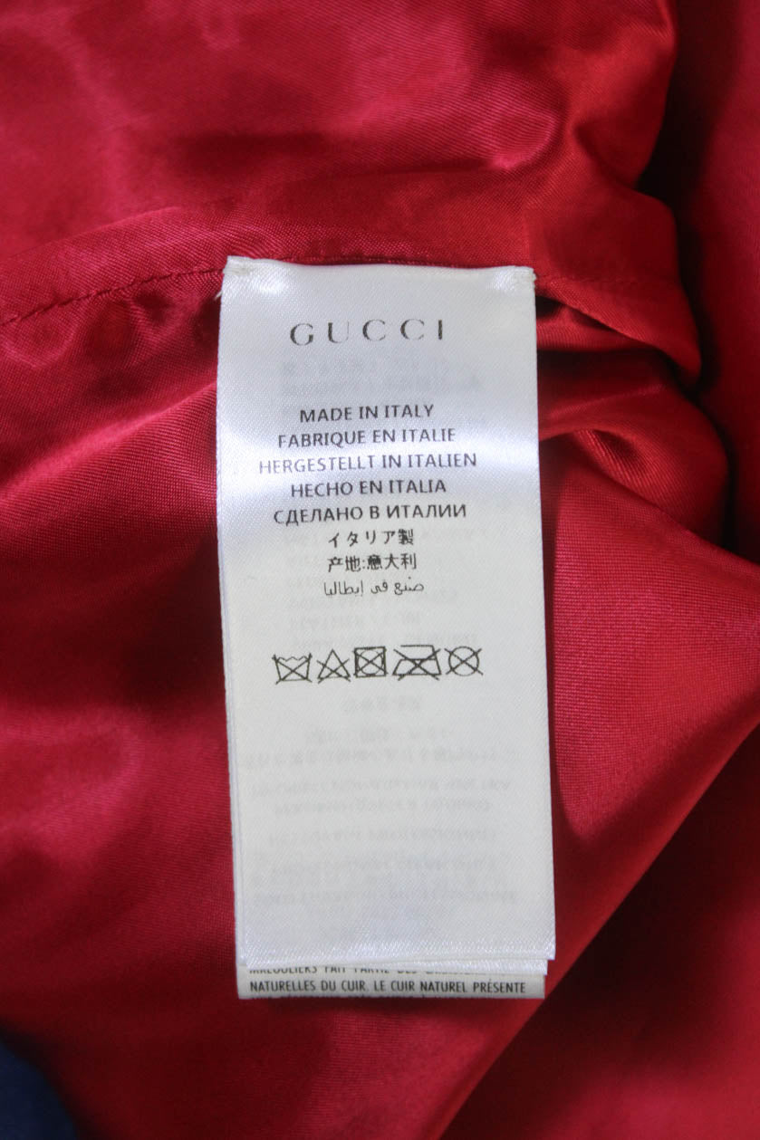 Gucci Womens Leather Crystal Embellished Zip Up Coat Jacket Navy