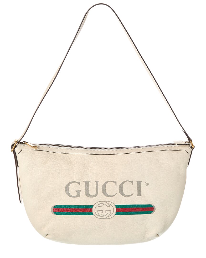 Gucci Logo Print Half Moon Leather Hobo Bag