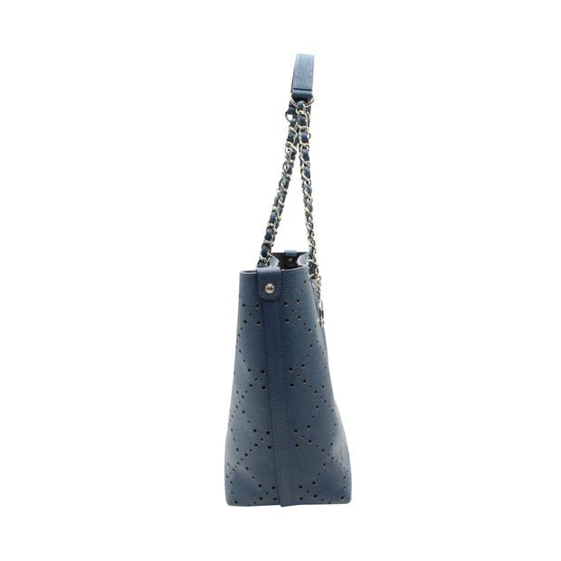 Luxury Chanel Blue Perforated Large Shopping Tote-Grained Calfskin Caviar Leather - Pouch