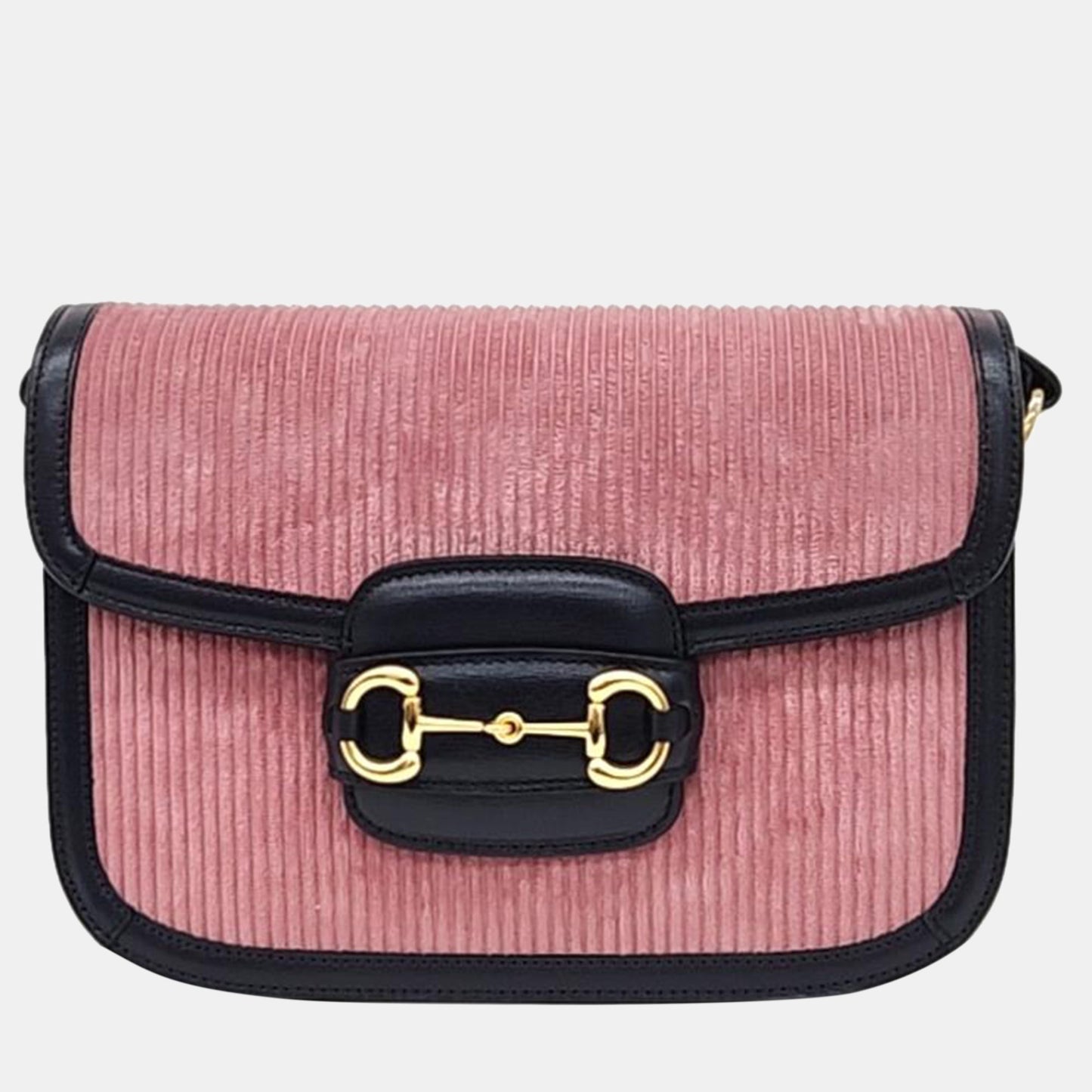Luxury Gucci Trending 2025 Pink/Black Corduroy and Leather 1955 Horsebit Shoulder Bag