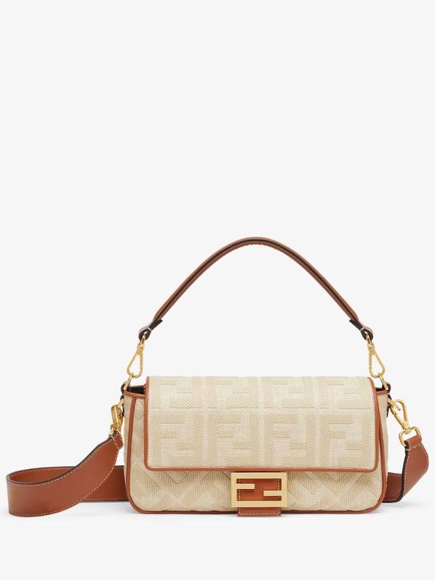 Luxury Fendi FF Logo Baguette Rafia Shoulder Bag Beige